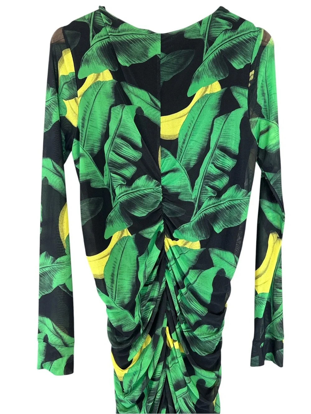 Ganni Tulle Ruched Gathered Bodycon Midi Dress Green Floral Print